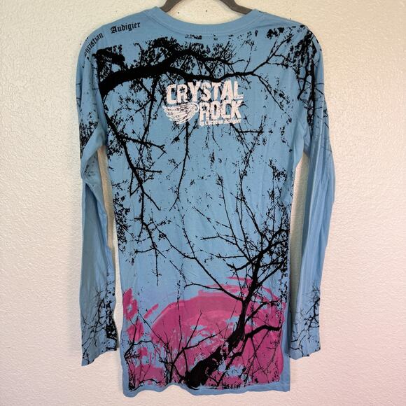 Christian Audigier Crystal Rock Top Womens Medium Crane Blossom Y2K Tunic Shirt - Picture 2 of 14